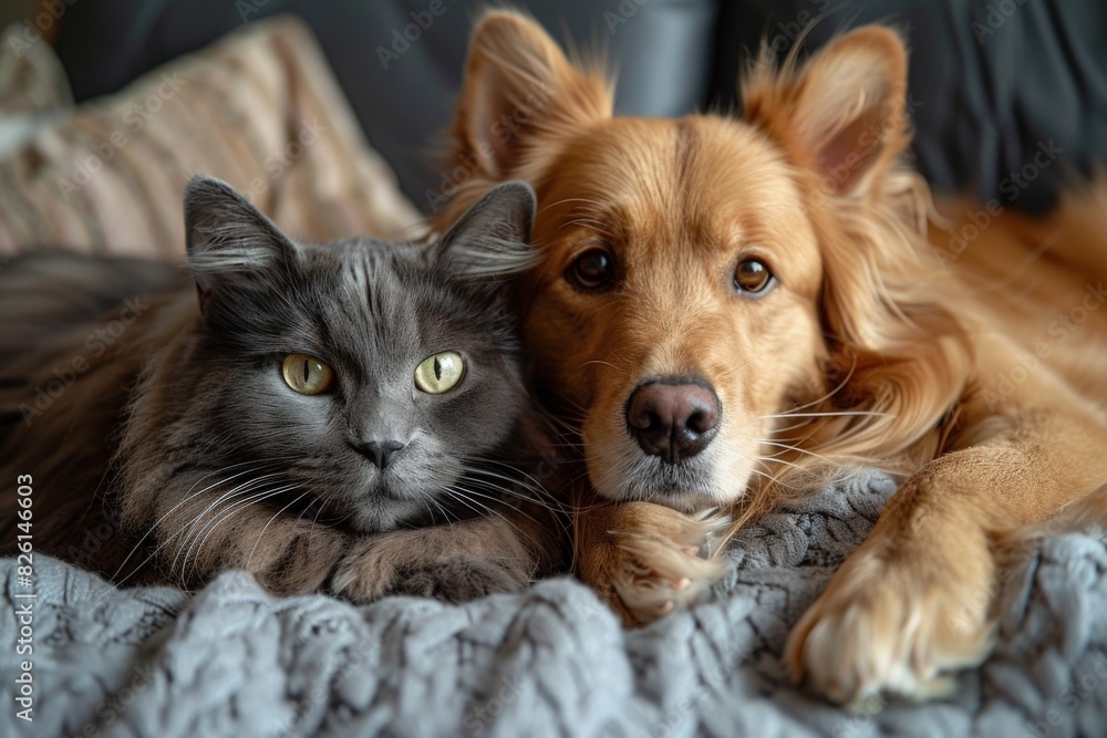 A cozy scene with a gray cat and part of a dog lying together on a knitted blanket on a bed A cozy scene with a gray cat and part of a dog lying together on a knitted blanket on a bed