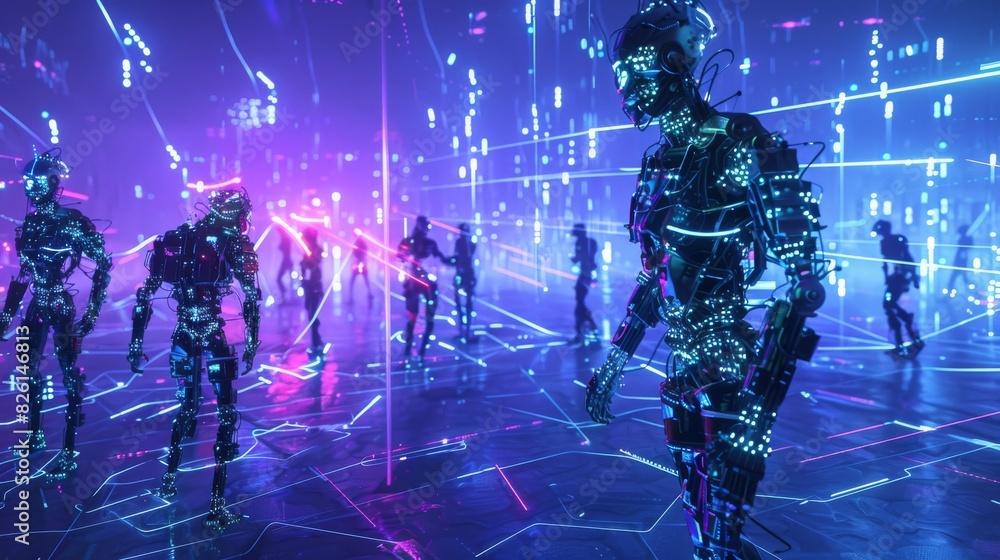 A surreal scene of neon light humanoid figures A surreal scene of neon light humanoid figures