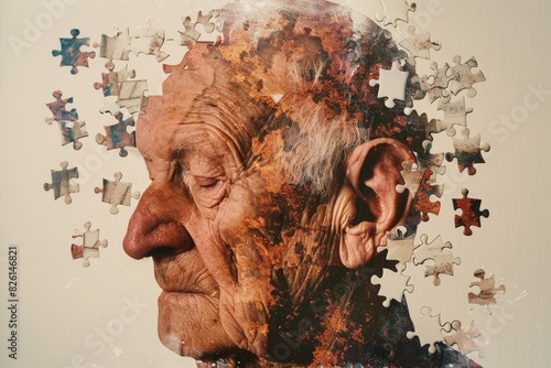 Elderly man losing parts of his head - symbolized by a jigsaw puzzle. The concept of reduced functioning of the mind, confusion, dementia, Alzheimer's disease.