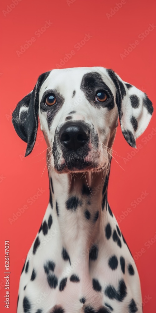 Majestic Dalmatian Dog with Curious Expression, with Copy Space. Cute spotted dog against bright coral background. Ideal for banners, veterinary ads, pet food promotions, and minimalist designs. Majestic Dalmatian Dog with Curious Expression, with Copy Space. Cute spotted dog against bright coral background. Ideal for banners, veterinary ads, pet food promotions, and minimalist designs.
