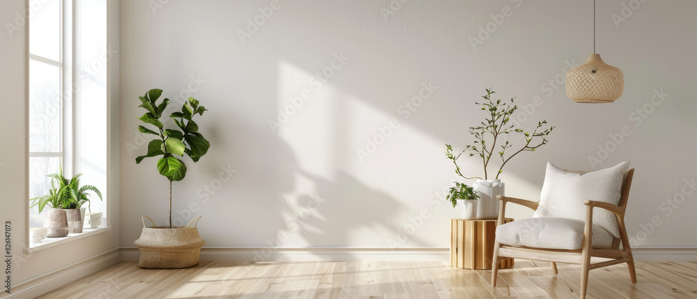 Clean and spacious living room with a blank white wall, wooden flooring, and a stylish armchair on the right Clean and spacious living room with a blank white wall, wooden flooring, and a stylish armchair on the right