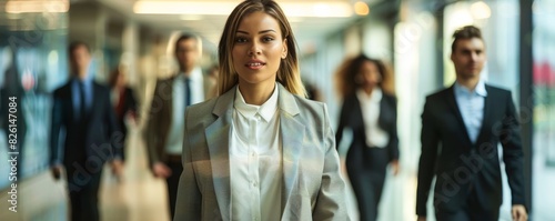 Confident business woman leading the way in the office.