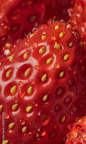 Closeup of strawberry texture with juicy red surface and seeds