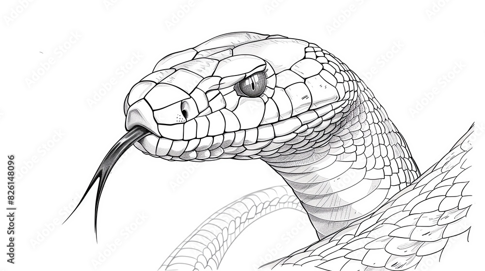 Naklejka premium A detailed pencil drawing of a snake. The snake should be coiled and facing the viewer. The snake should be highly detailed, with scales, eyes, and a forked tongue on white background