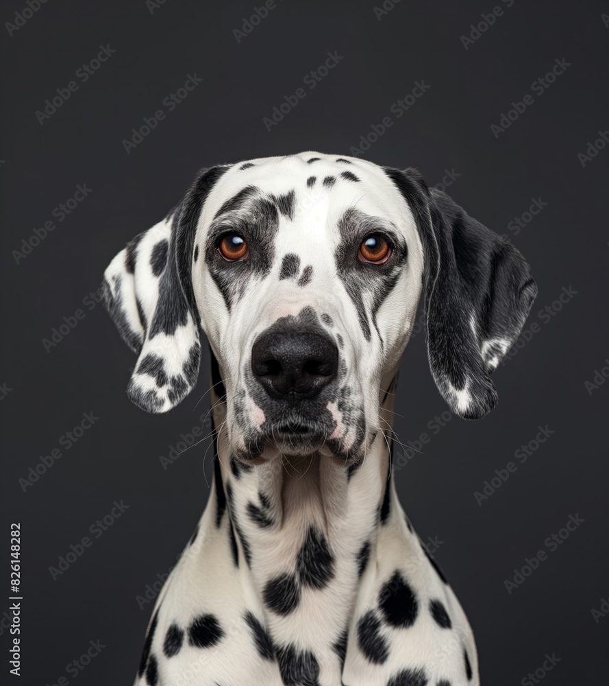 Dalmatian Dog with Serious Expression - Dark Gray Background Dalmatian Dog with Serious Expression - Dark Gray Background