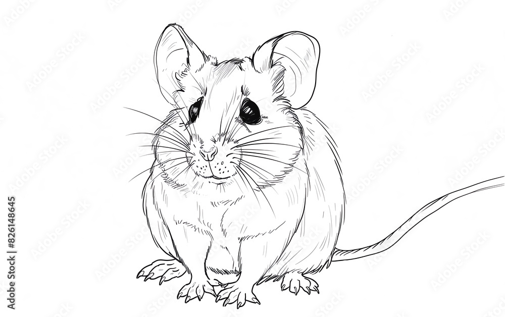 A pencil drawing of a mouse looking at the viewer. The mouse is sitting on a white background on white background A pencil drawing of a mouse looking at the viewer. The mouse is sitting on a white background on white background