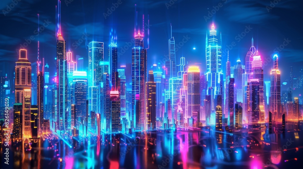 Naklejka premium A vibrant cityscape with towering skyscrapers made of neon light tubes and glowing circuits