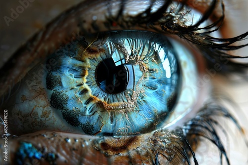 Blue eye with mechanical elements, vibrant and detailed, sci fi and technology concept, futuristic and innovative