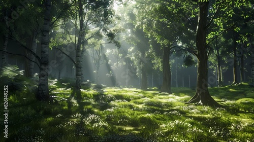 A serene forest glade with sunlight filtering through the lush canopy  casting dappled shadows on the emerald moss below