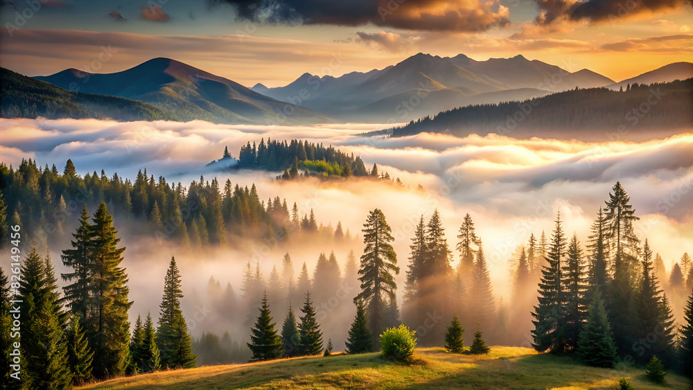 pine trees landscape fog mountains pine trees landscape fog mountains