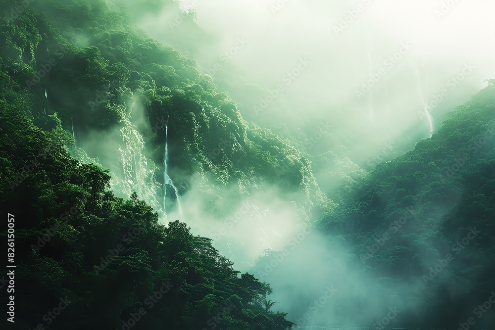 Lush green forest blanketed in mist with hidden waterfalls cascading down steep hillsides under beams of sunlight.