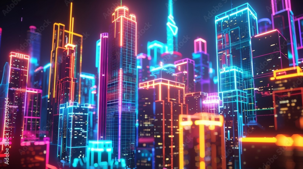 A vibrant cityscape with towering skyscrapers made of neon light tubes and glowing circuits