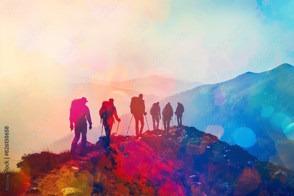 Fototapeta premium Silhouettes of hikers walking on a mountain trail at sunset, with vibrant, colorful light flares creating an ethereal atmosphere.