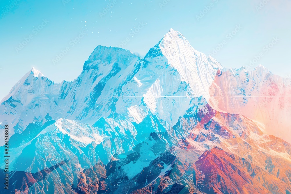 Obraz premium Stunning view of majestic snow-capped mountains with a vibrant sunrise, blending warm sunrise hues with icy blue peaks.