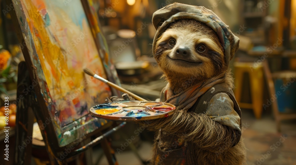 An adorable sloth dressed as a painter with a paintbrush and palette, standing in front of a small canvas.