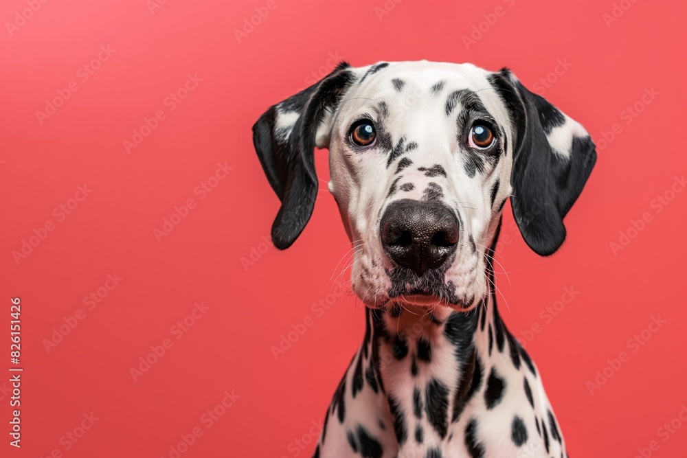 Dalmatian Dog with Inquisitive Look - Bright Coral Background with copy space