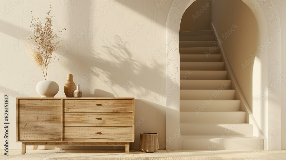 A Scandinavian wooden dresser in the style of minimalism home decor mockup, A beige wall with a decorative arch and staircase in the background A Scandinavian wooden dresser in the style of minimalism home decor mockup, A beige wall with a decorative arch and staircase in the background