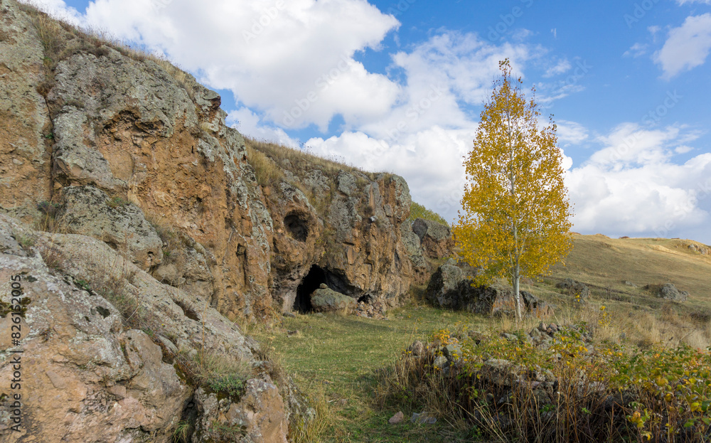 Fototapeta premium Birch tree with yellow leaves near a church carved into the rock. Samsari