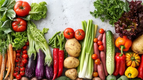 A variety of vegetables and fruits are displayed on a table photo