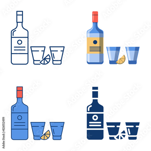 Vodka bottle and glasses icon set