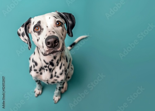 Sitting Dalmatian Dog - Blue Background with copy space