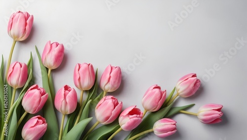 bouquet of tulip flowers, flower frame on grey background, Greeting floral card template with copy space, Summer Background, Birthday, Valentine’s Day, Flat lay, top view, space for text
 #826153024