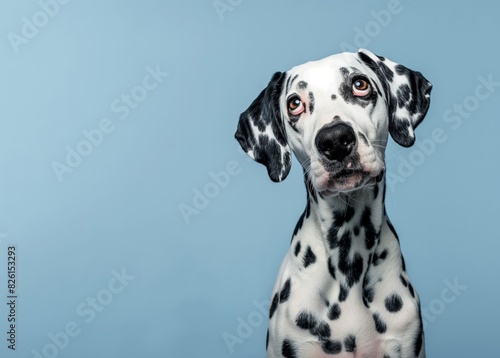 Adorable Dalmatian Dog Against Blue Background with copy space