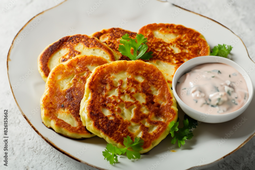 meat pancakes. on a white large plate there are pancakes in a row and white sauce in a bowl, top view closeup food concept meat pancakes. on a white large plate there are pancakes in a row and white sauce in a bowl, top view closeup food concept