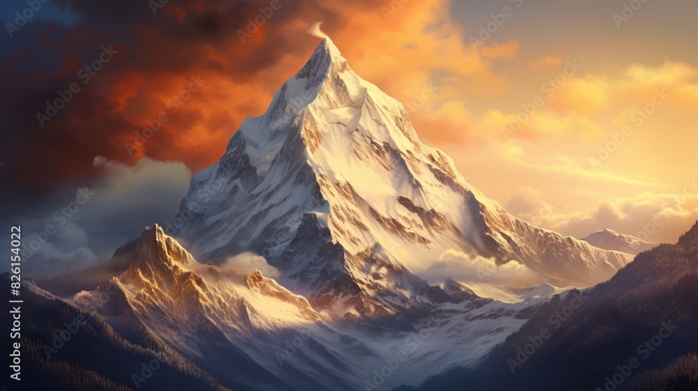  A crystal-clear picture of a snow-capped mountain peak at sunrise, with the golden light casting long shadows and illuminating the rugged terrain, showcasing the beauty and majesty of nature. 