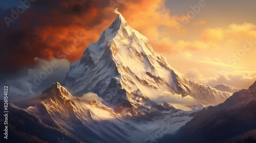  A crystal-clear picture of a snow-capped mountain peak at sunrise, with the golden light casting long shadows and illuminating the rugged terrain, showcasing the beauty and majesty of nature. 