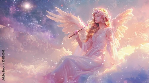 landscape of an angel holding a painting lever and sitting on a cloud. Virtual 4K video animation background with looping time lapse with very smooth graphics. photo