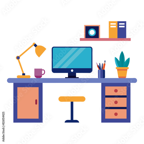 Furniture arrangement includes a desk with a computer, lamp, plant, and stool