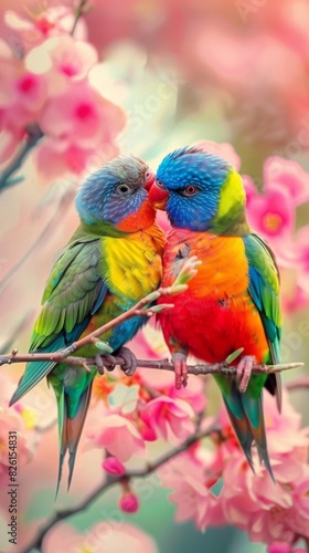 Two vividly colored parrots perched on a branch  amidst a background of soft pink blossoms. The birds  adorned in bright hues of blue  green  yellow  and red  appear to be sharing an intimate moment.