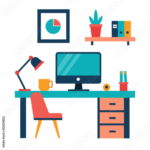 There is a desk with a computer and a chair placed on it
