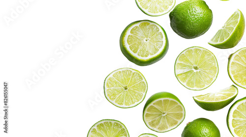 A collection of limes and lime slices arranged neatly on a plain white background © Zain