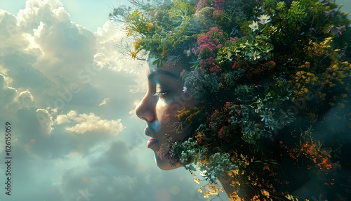 Surreal woman nature with trees and flowers growing from her head and refleting in water surface. Generative AI. photo