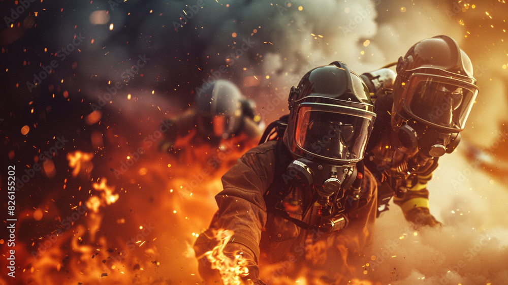 Firefighter team in action fighting a fire Firefighter team in action fighting a fire