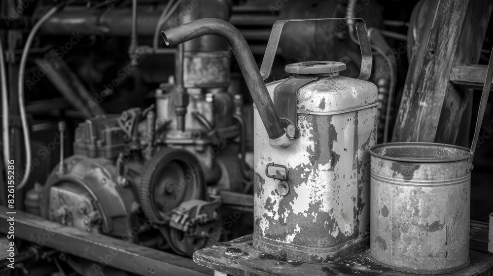 A black and white photograph captures an oil can next to a greasesmudged engine from the early 1900s. A black and white photograph captures an oil can next to a greasesmudged engine from the early 1900s.