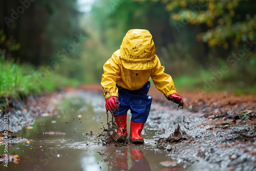 Little child walking in rainy forest playing with dirt for Pandemonium Day