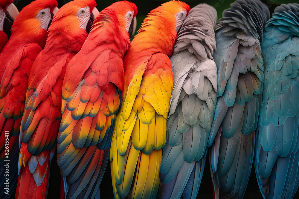 Obraz premium A colorful array of parrot feathers, each with vibrant hues and soft textures, arranged in a fan-like display.
