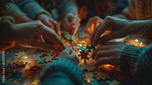 A group of people are working on a jigsaw puzzle together photo