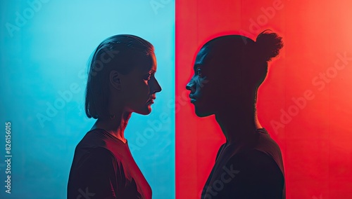 Silhouetted Profiles of Man and Woman in Red and Blue Light.