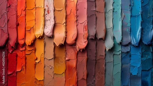 Close-Up of Colorful Paint Strokes in a Gradient Pattern from Warm Red and Orange to Cool Blue and Purple with Thick Textured Layers