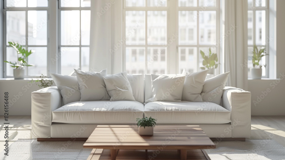 Fototapeta premium Modern living room interior with a white sofa and wooden coffee table near a window
