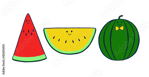 スイカイラストセット　赤色×黄色×黄色リボン