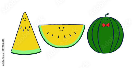 スイカイラストセット　黄色2×赤色リボン