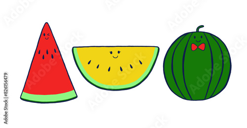 スイカイラストセット　赤色×黄色×赤色リボン