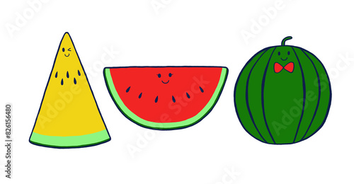 スイカイラストセット　黄色×赤色×赤色リボン