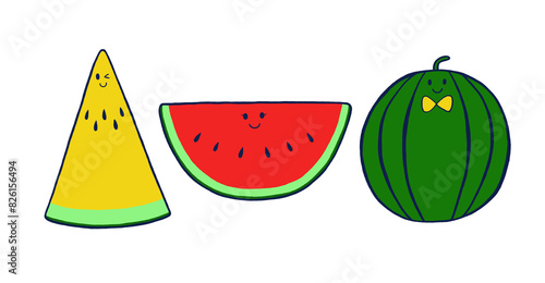 スイカイラストセット　黄色×赤色×黄色リボン