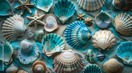 Teal-toned seashells arranged artfully on a sandy beach, reflecting coastal beauty. © Kanwal